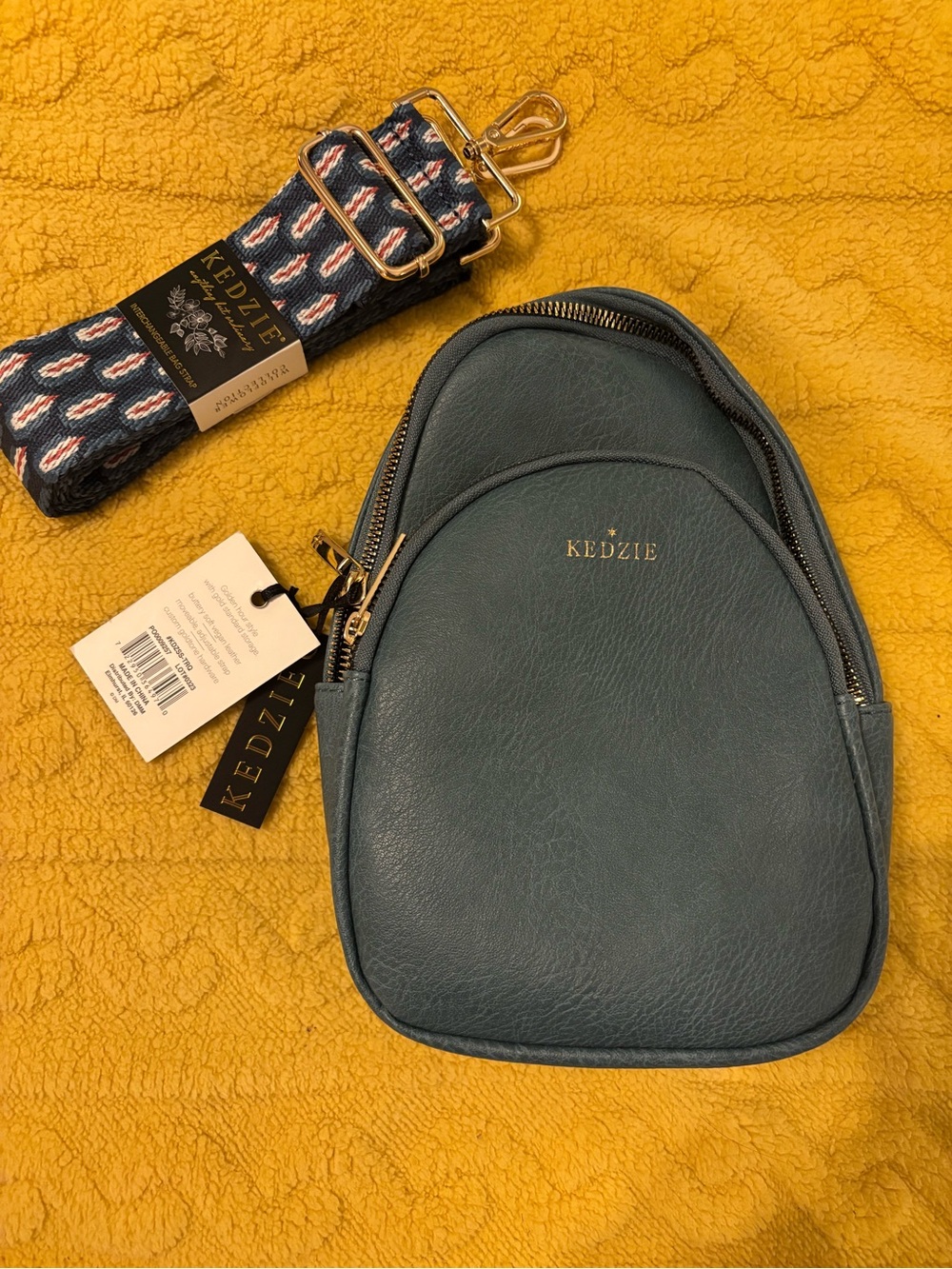 Kedzie Teal Leatherette Crossbody Bag with Patterned Strap